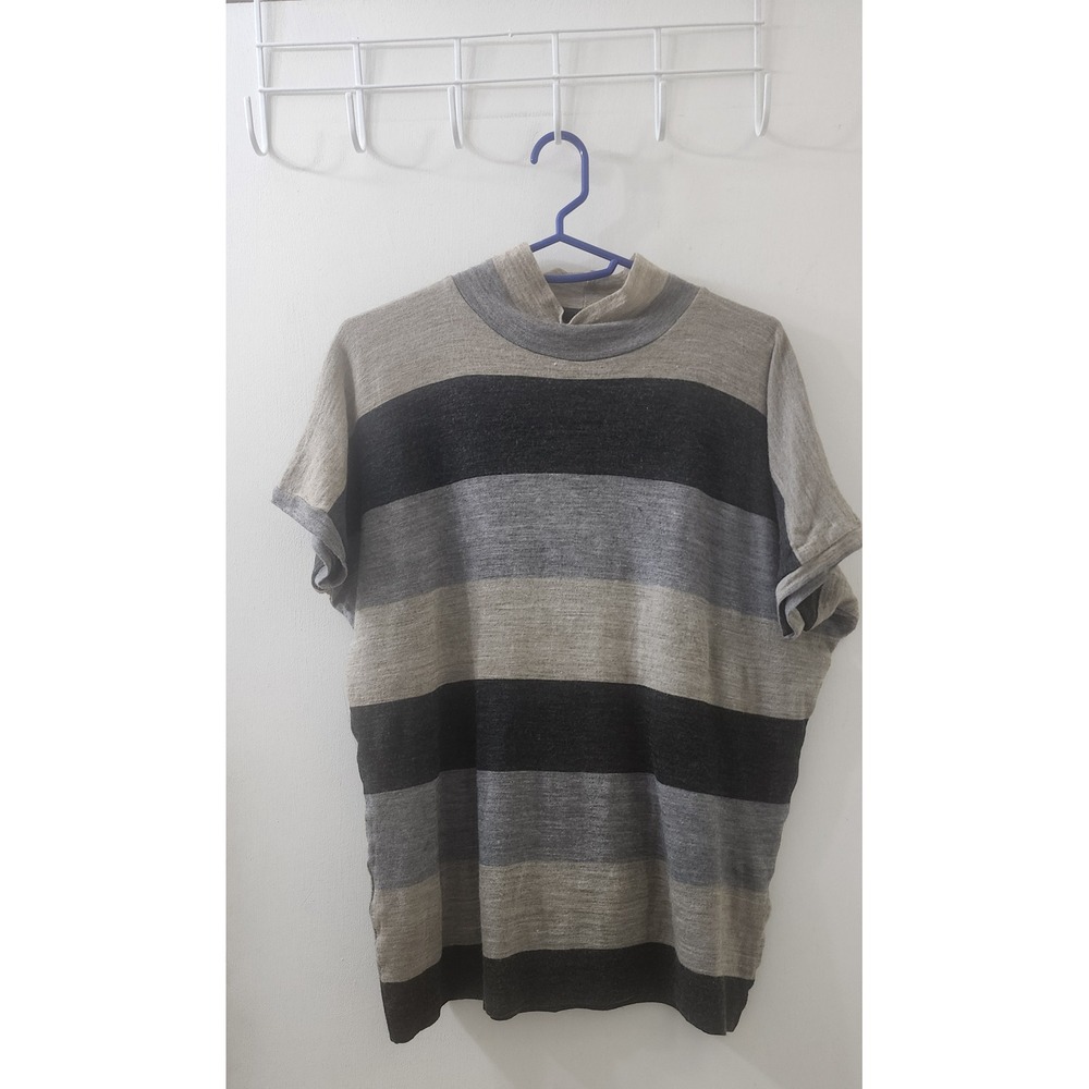 Hache Italy Grey Striped Wool Blend Mock Neck Dolman Short Sleeve Top Size 46